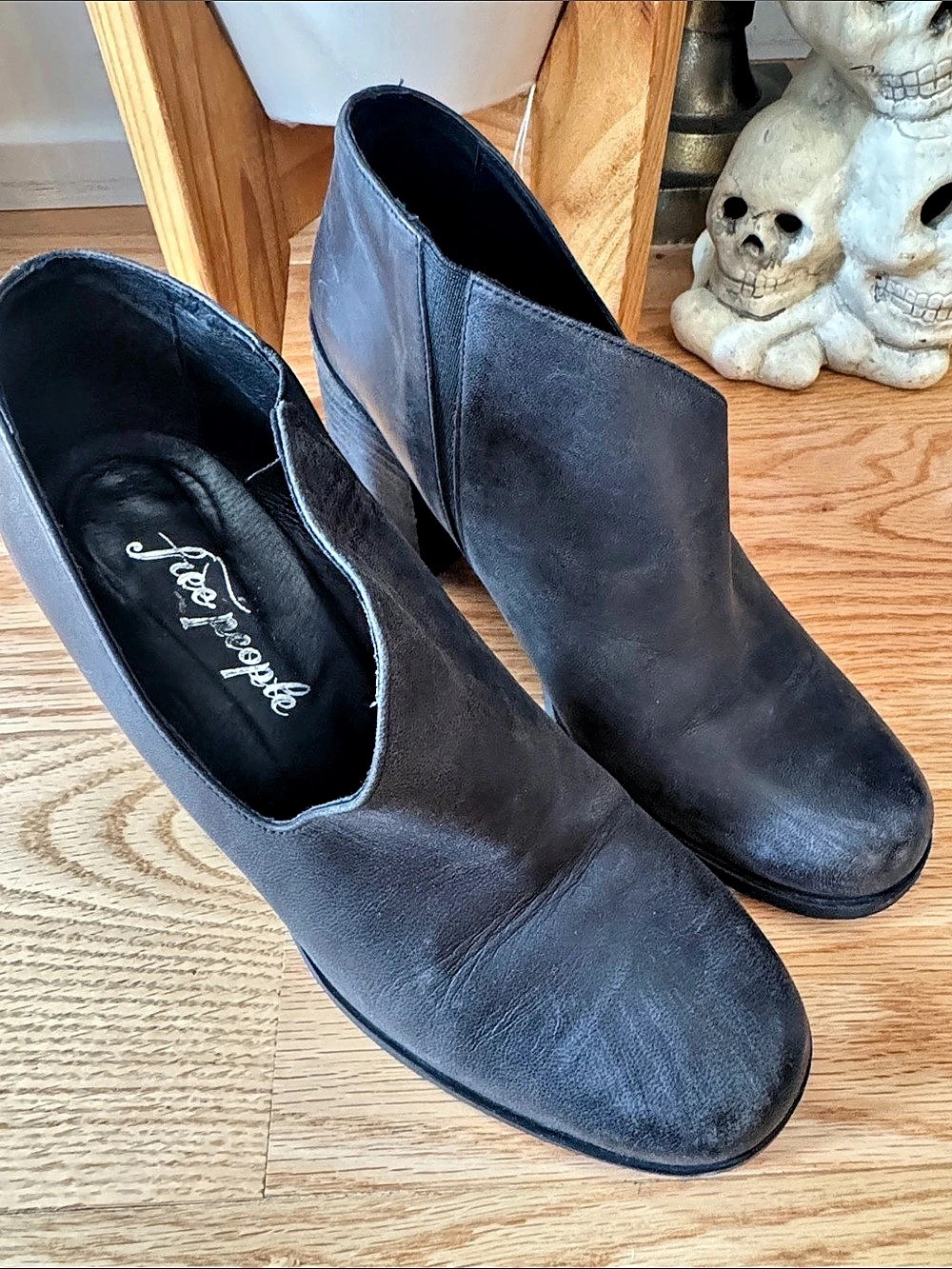 Free People Brand Black Leather-Look Heeled Ankle Boots